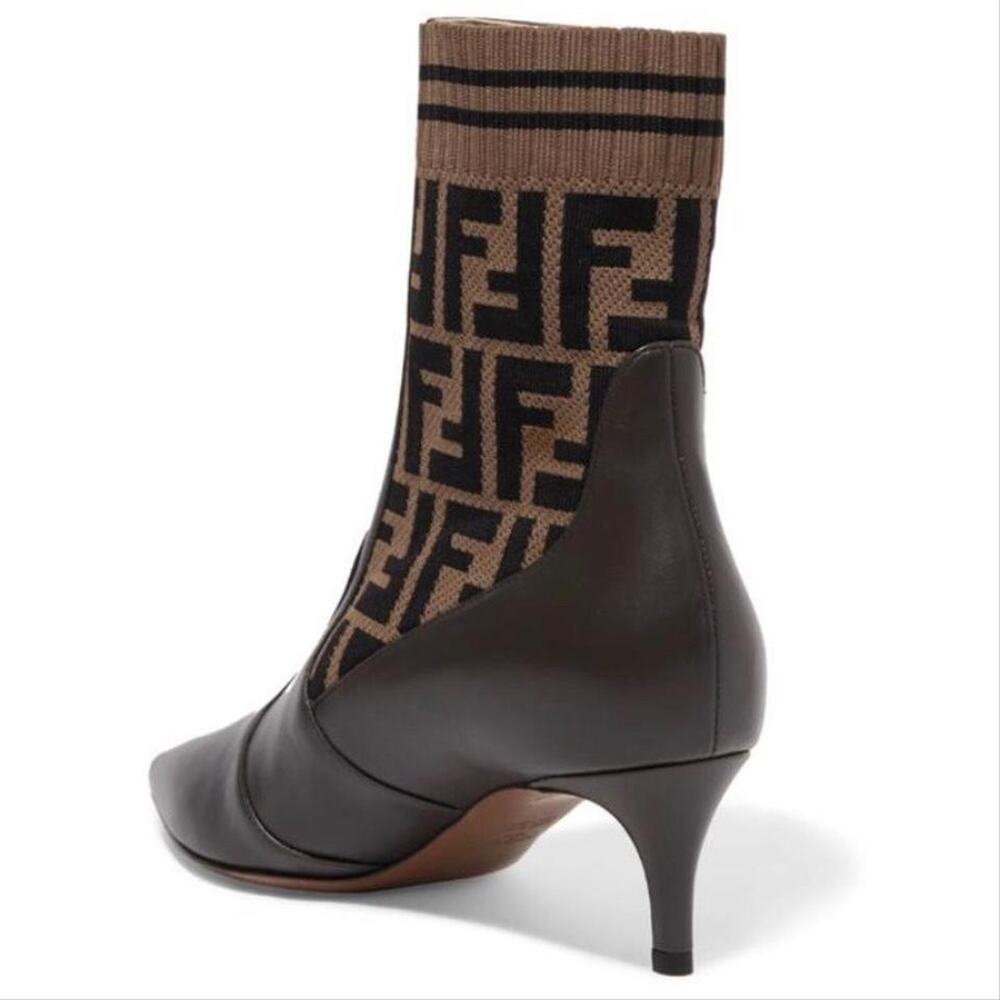 FENDI Rockoko FF logo stretch knit leather heeled ankle boots - Picture 4 of 11